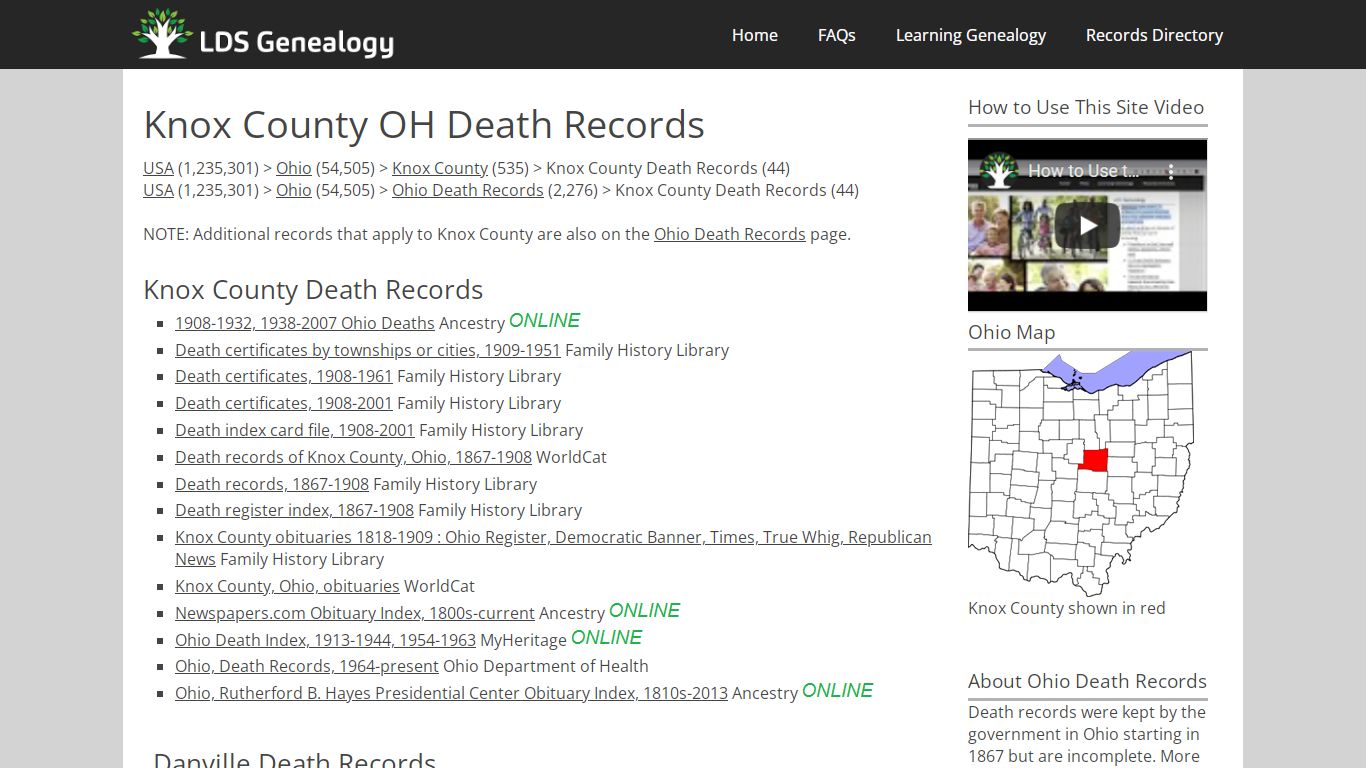 Knox County OH Death Records - LDS Genealogy
